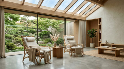 Fototapeta premium Modern Scandinavian Living Room with Japanese Garden View Through Skylight