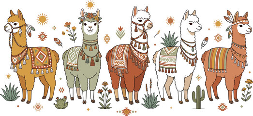 Boho style llama and alpaca vector illustration set with tribal blankets cactus and southwestern ornaments for ethnic textile print and home decor commercial graphics © NaomiRani