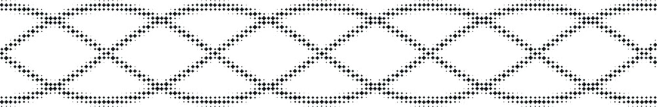 Horizontal repeating lattice pattern of small black dots on a white background, creating an interlocking chain link effect with a grid structure