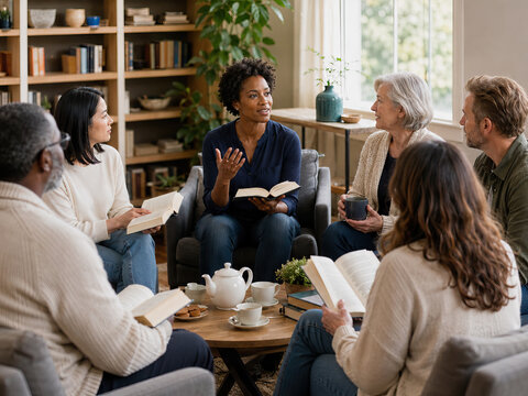 A group of six individuals enjoys a relaxed book club meeting in a cozy, well-lit room filled with books and greenery.