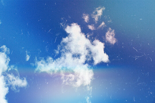 Sky with clouds featuring vintage halftone printing pattern and film grain texture