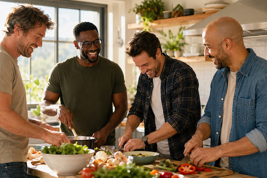 The image depicts four men engaged in what appears to be a communal cooking activity within a kitchen setting.