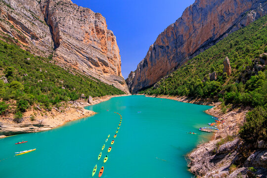Spectacular view of the Congost de Mont-rebei,  gorge carved by the Noguera Ribagor&ccedil;ana River in the Montsec mountain range, Catalonia, Spain. The famous cliffside hiking trail.