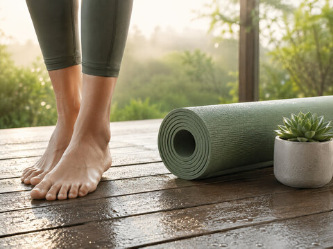 A person's feet stand on a wooden deck, overlooking lush greenery, with a yoga mat and succulent plant adding to the serene and natural ambiance, promoting relaxation and mindfulness.