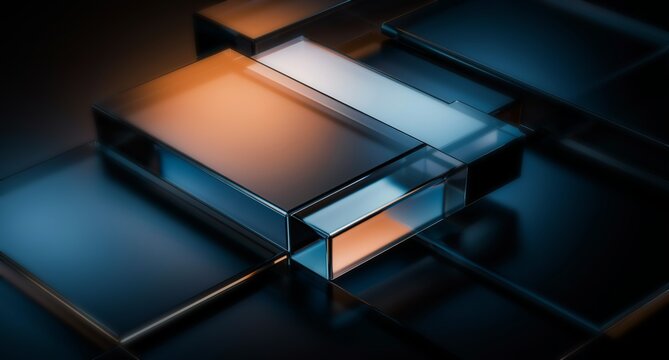 Abstract black 3d background with glass transparent square plate shapes row render. Iridescent crystal cube block pattern with terracotta blue gradient. Futuristic digital tech banner. 3D illustration