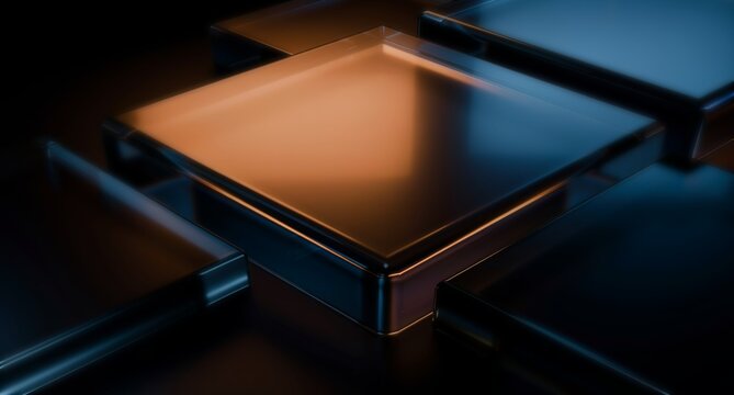 Abstract black 3d background with glass transparent square plate shapes row render. Iridescent crystal cube block pattern with terracotta blue gradient. Futuristic digital tech banner. 3D illustration