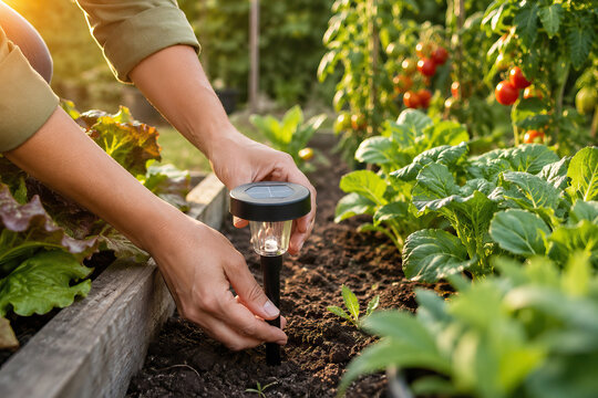 A gardener diligently installs a solar-powered light in his lush vegetable garden, which is filled with tomatoes and greens.