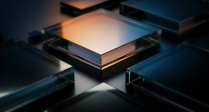 Abstract black 3d background with glass transparent square plate shapes row render. Iridescent crystal cube block pattern with terracotta blue gradient. Futuristic digital tech banner. 3D illustration