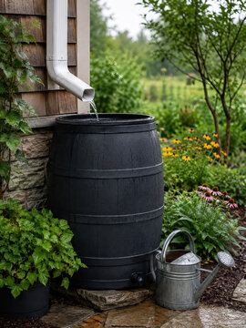 The image presents a tranquil garden scene with a focus on a black rain barrel that is connected to a white downspout from a house via a flexible hose.
