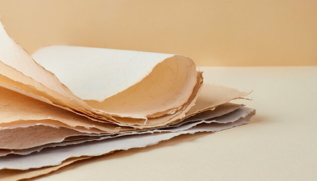 Handmade deckle edge paper stack on beige background ハンドメイド和紙の重ね背景