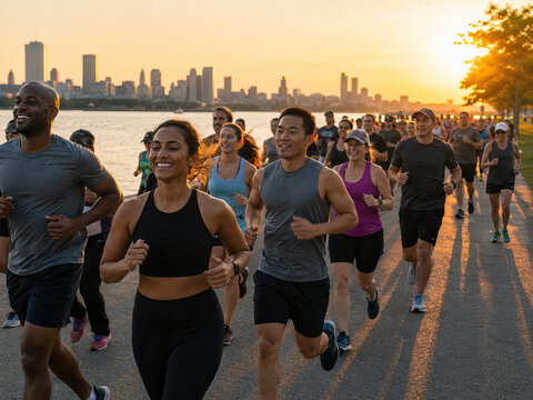 A group of individuals are running along a pathway during sunset, with a city skyline visible in the background and a body of water adding to the scenic beauty.