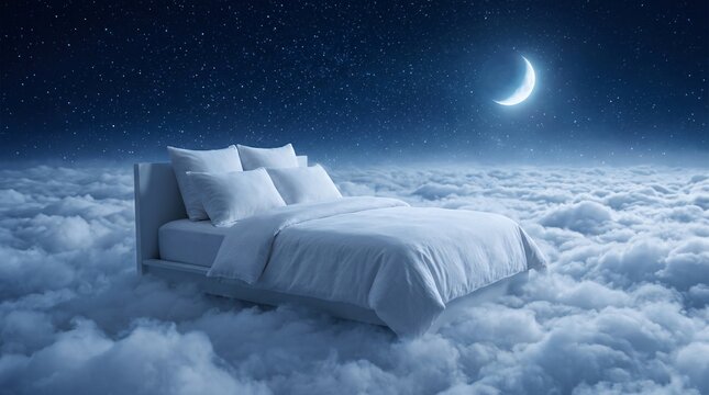 Soft white bed floating on fluffy clouds in the night sky under a crescent moon and glittering stars with crescent relaxation ethereal furniture peaceful