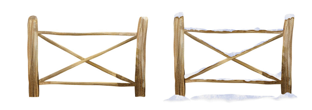 Rustic wooden farm gate or fence illustration featuring diagonal bracing and light dusting of snow. Watercolor hand drawn element with aged, weathered wood texture suitable for country-themed design