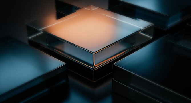 Abstract black 3d background with glass transparent square plate shapes row render. Iridescent crystal cube block pattern with terracotta blue gradient. Futuristic digital tech banner. 3D illustration