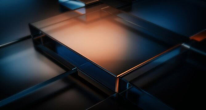 Abstract black 3d background with glass transparent square plate shapes row render. Iridescent crystal cube block pattern with terracotta blue gradient. Futuristic digital tech banner. 3D illustration