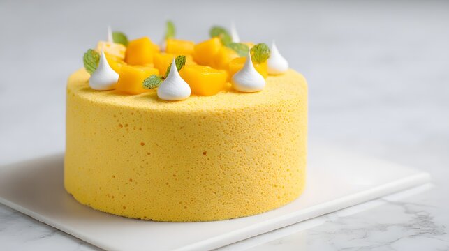 Mango mousse cake decorated with fresh mango and whipped cream.