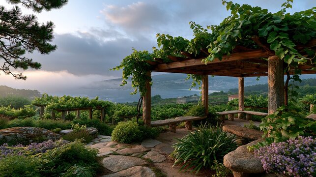 International Albari&ntilde;o Day: wide photograph of Albari&ntilde;o vineyards overlooking the Atlantic coastline of R&iacute;as Baixas, granite stone pergolas supporting the vines