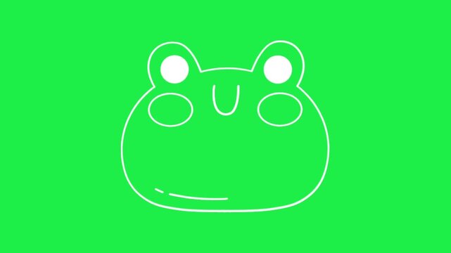 white line art cute frog face icon vector illustration on green screen background for chroma key video editing