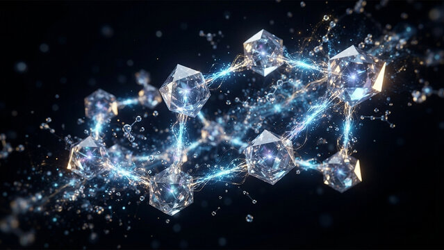 Futuristic glowing molecular structure with geometric crystal nodes and blue energy connections on dark background
