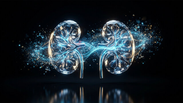 3D Digital Illustration of Glowing Human Kidneys with Futuristic Blue Energy Lines and Particles on Dark Background