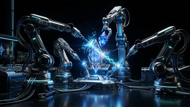 Futuristic robotic arms meticulously work on a glowing energy crystal within a high-tech laboratory, showcasing advanced material science and technological breakthroughs
