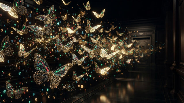 Shimmering digital butterflies with golden light emerge from a dark hallway, a captivating vision of abstract freedom and transformation