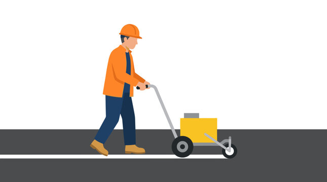 Worker using road striper to mark white pavement lines.