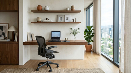 Obraz premium Modern Home Office Desk with Laptop and Chair by Window