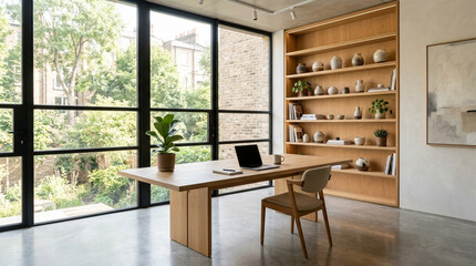 Obraz premium Modern home office with large window, wooden desk, and bookshelf