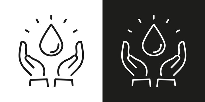 Water saving icon with waterdrop and hands. Linear editable vector.