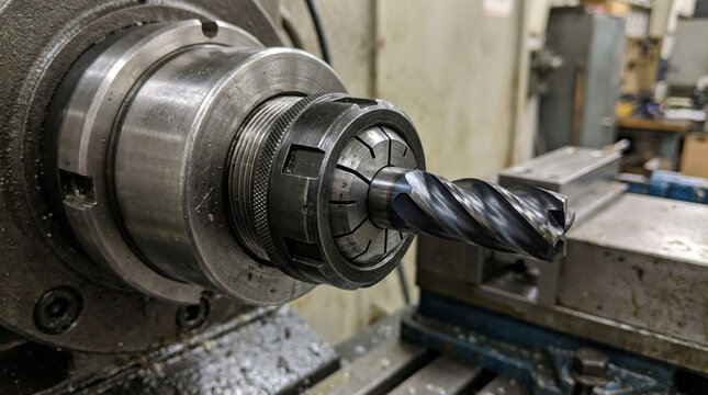 Close-up of Metalworking Drill Bit in Collet Chuck on Machinery