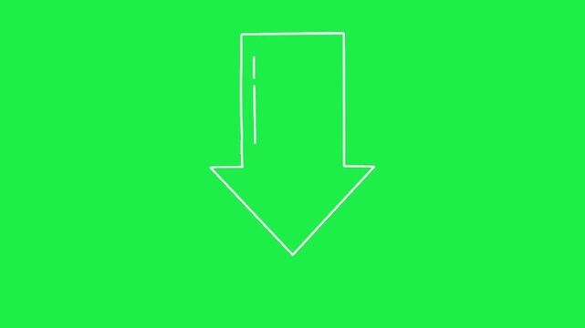 white line art arrow pointing down icon vector illustration on green screen background for chroma key video editing