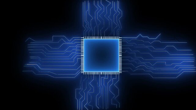 Blue Glowing CPU Processor Microchip Circuit Motion Background