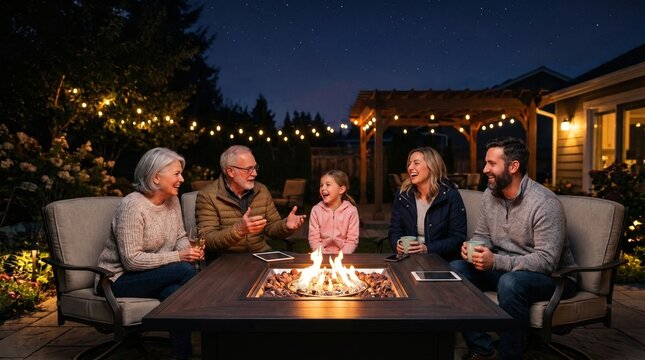 Multi-generational family sitting by fire pit. Relatives enjoying evening outdoors together.