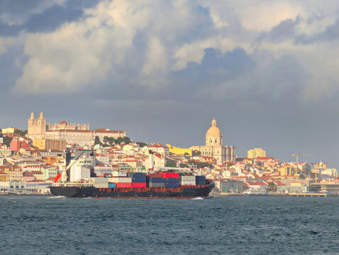 Cargo ship skyline  Lisbon, Portugal