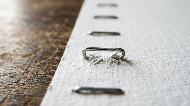 Extreme Macro Photography of Silver Metal Staples Pressed into Rough Thick White Paper Texture Showing Bent Fasteners and Wooden Surface Background, Sharp Focus on Office Stationery Binding Details
