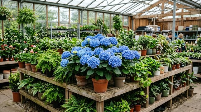 A lush display of vibrant blue hydrangea flowers in full bloom surrounded by various potted green plants arranged on wooden shelves inside a bright glass greenhouse nursery with people shopping in
