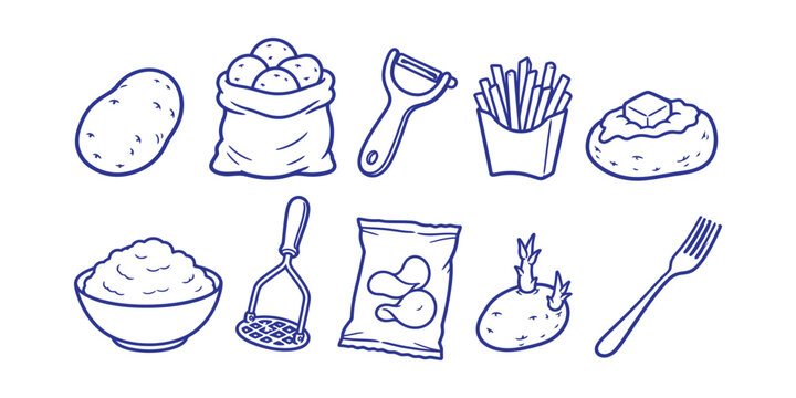 potato cooking food element collection doodle icon set vector illustration