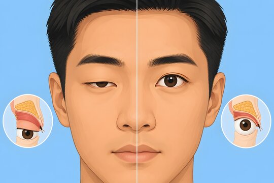Medical vector illustration of ptosis correction levator muscle surgery before after