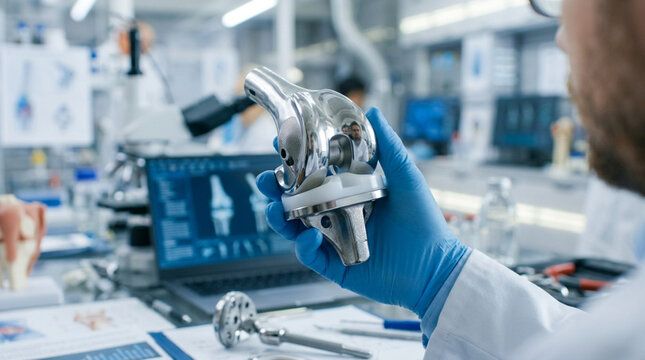 Orthopedic Surgeon Holds Metal Knee Prosthesis in Laboratory - Medical Innovation