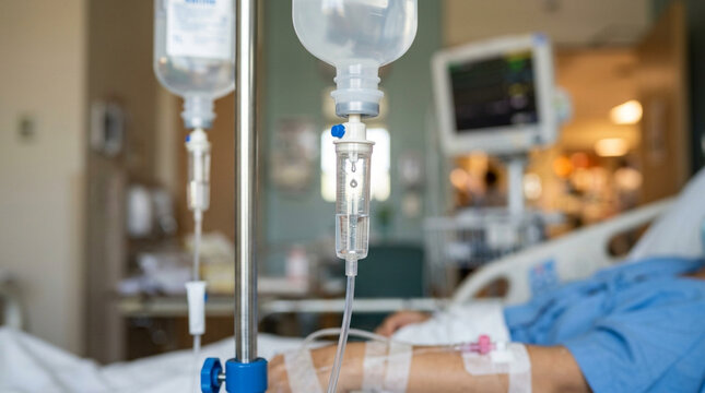 Patient receiving IV drip in hospital bed with monitoring equipment