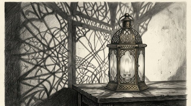 Vintage lantern drawing with intricate shadows. Artistic sketch of an old lamp on a table.