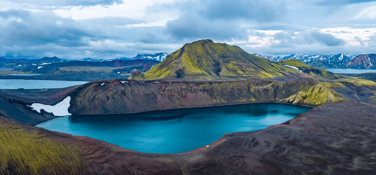 Aerial View of Iceland Highlands Crater Lake and Colorful Mountains