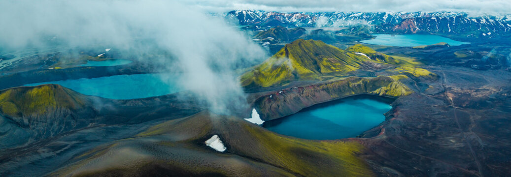 Aerial View of Iceland Highlands Crater Lake and Colorful Mountains