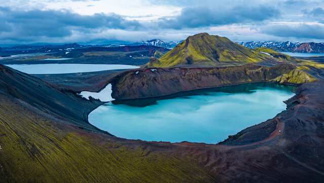 Aerial View of Iceland Highlands Crater Lake and Colorful Mountains