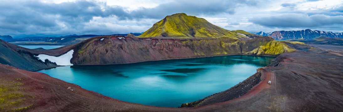 Aerial View of Iceland Highlands Crater Lake and Colorful Mountains
