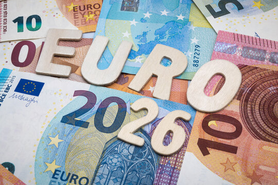 Euro currency, banknotes, and the inscription "Year 2026".
