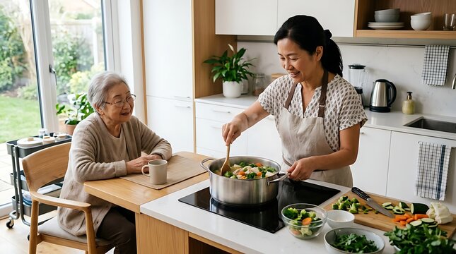 Woman assisting elderly lady cooking meal.