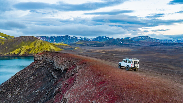 Aerial View of Iceland Highlands Crater Lake and Colorful Mountains