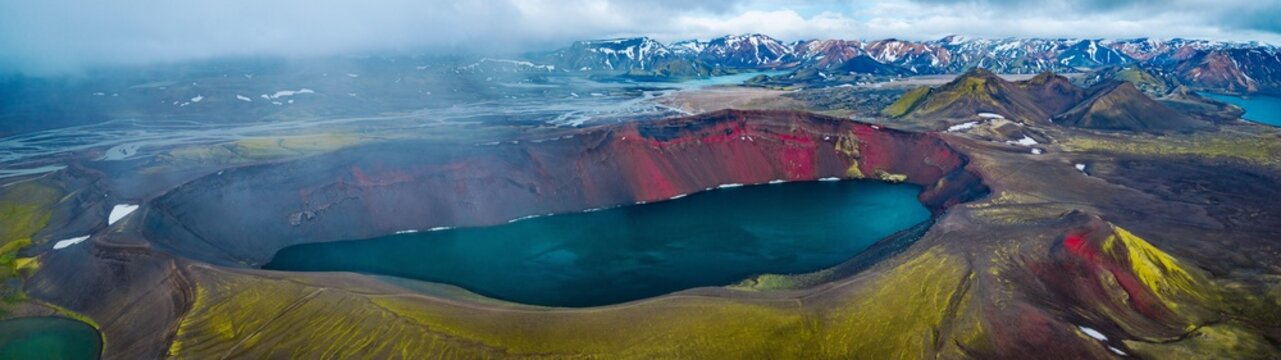 Aerial View of Iceland Highlands Crater Lake and Colorful Mountains